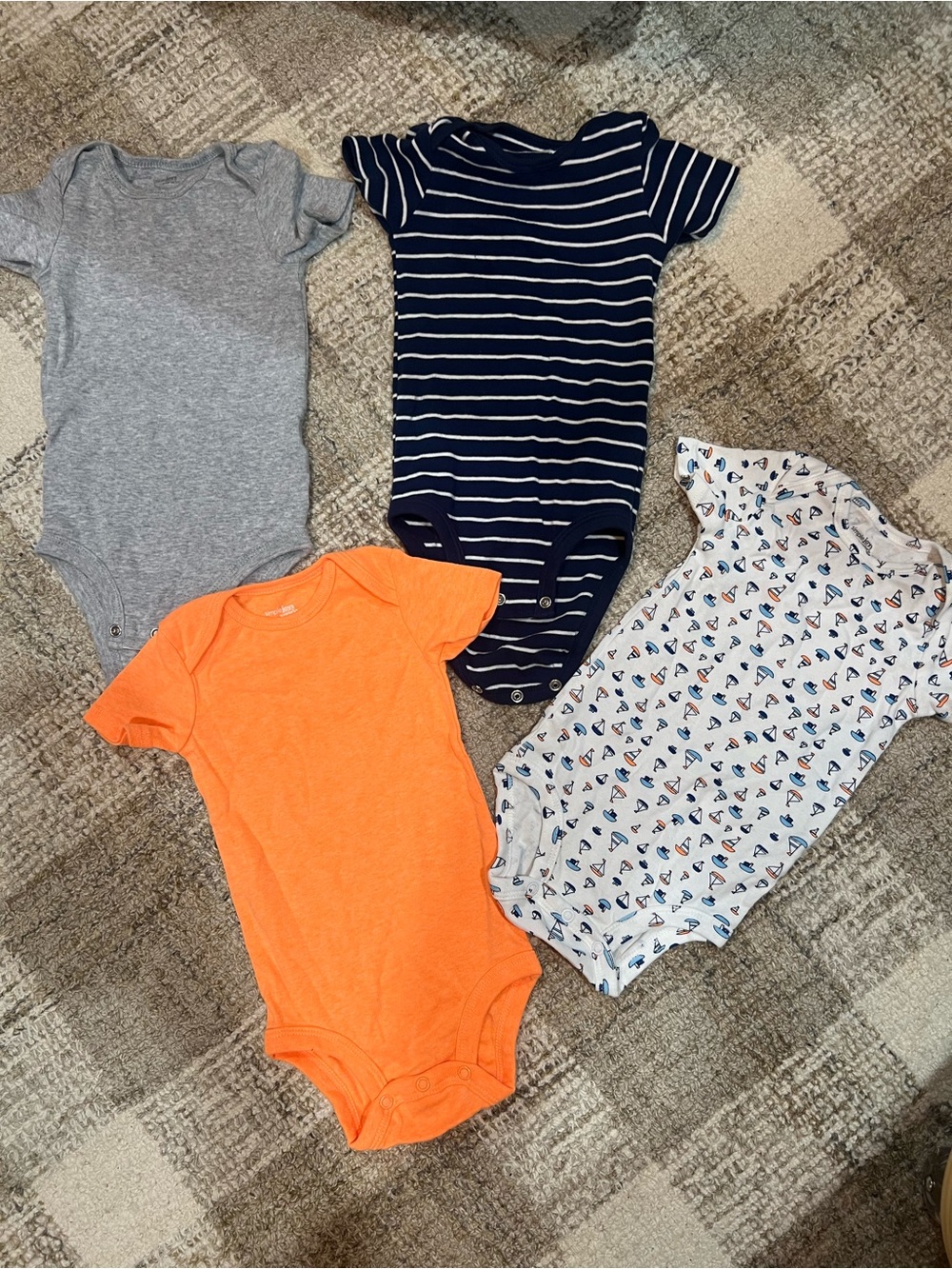 4 One-Piece Bodysuit - Orange, Navy Stripe, Gray, and Printed